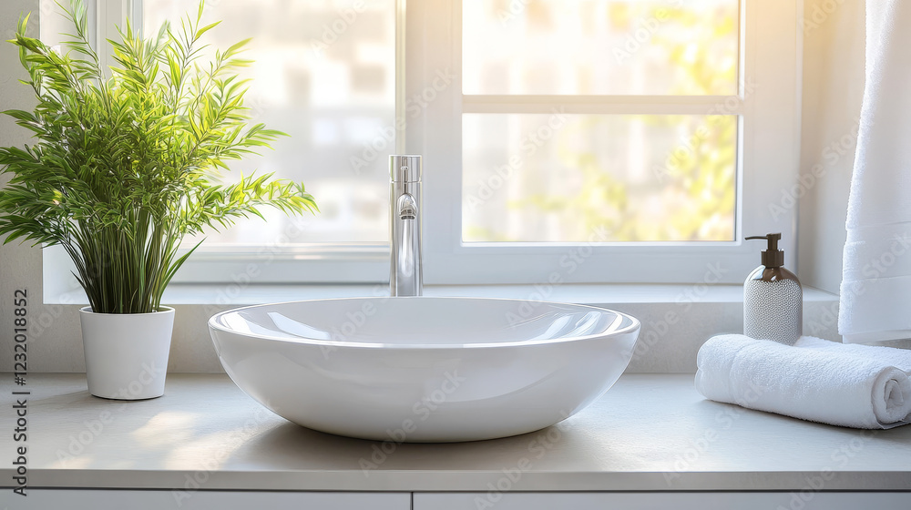 Fototapeta premium Wash basin sink in the modern bathroom on window light background. Realistic vector in 3D illustration.