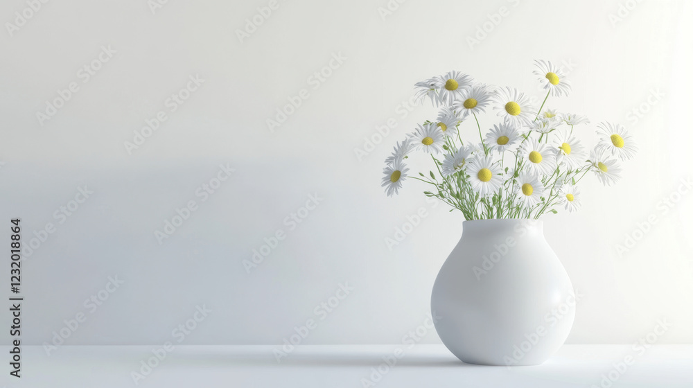 Fresh daisies bloom in a simple white vase set against a soft white background, adding a cheerful touch to any setting while showcasing the beauty of nature Fresh daisies bloom in a simple white vase set against a soft white background, adding a cheerful touch to any setting while showcasing the beauty of nature