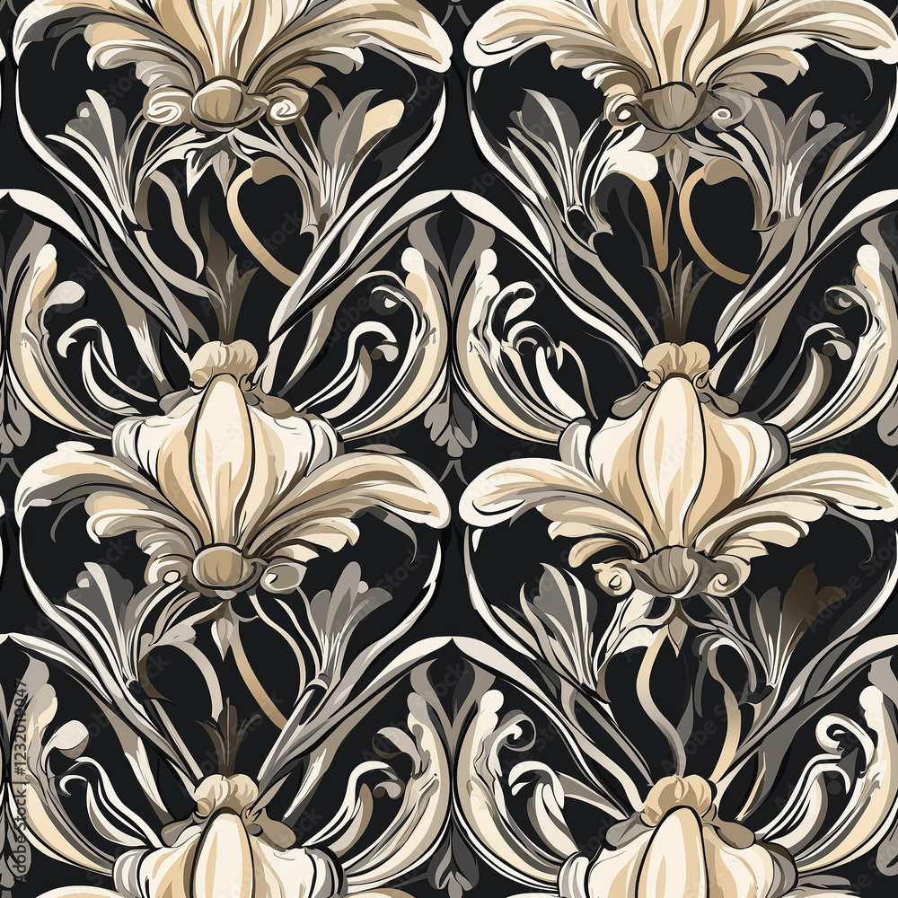 Elegant damask seamless pattern motif textile design luxurious interior decor black and cream color palette classic vintage style aesthetic view Elegant damask seamless pattern motif textile design luxurious interior decor black and cream color palette classic vintage style aesthetic view