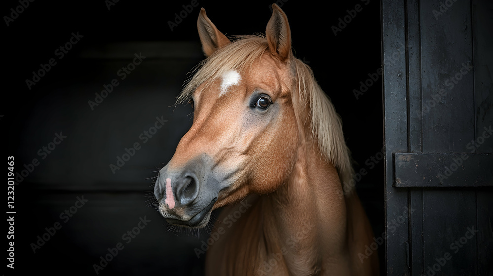 Obraz premium Palomino horse portrait, stable interior, dark background, equestrian photography