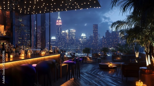 Rooftop bar, city skyline view, night.  Luxury lounge, cocktails
