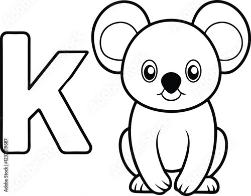 Vector coloring book alphabet with capital letters K for Koala illustration