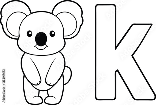 Vector coloring book alphabet with capital letters K for Koala illustration