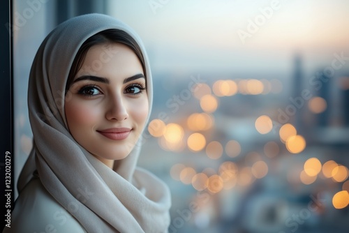 A woman in an elegant ivory-colored abaya and a light scarf stands by a window, gazing out at the evening cityscape. photo