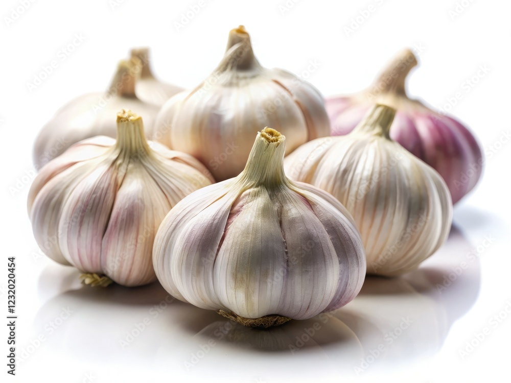 Obraz premium High-resolution image: fresh garlic bulbs, isolated on white, showcasing a tilt-shift effect.