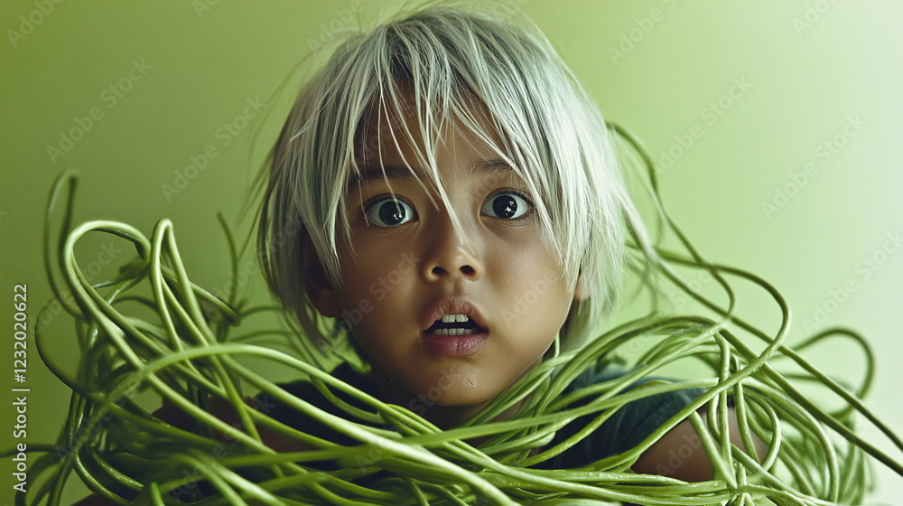 Naklejka premium Child with shocked expression surrounded by green vines in a bright, abstract setting creating a surreal atmosphere