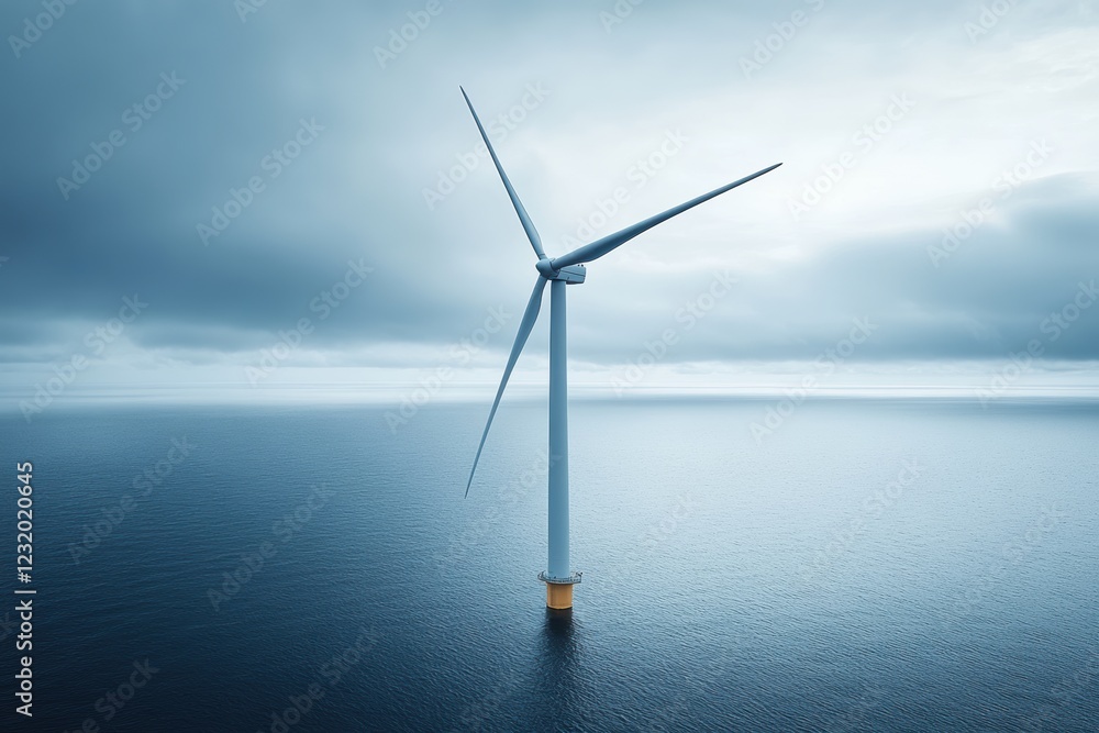 Fototapeta premium Aerial view of a wind turbine standing tall over calm ocean waters, embodying renewable energy's potential to combat climate change and support sustainability.