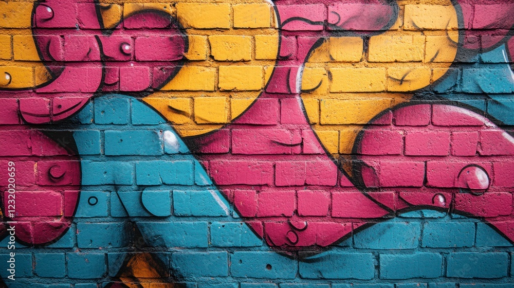 Vibrant Fragment of Bright Graffiti Art Showcasing Colorful Swirls and Patterns on a Brick Wall Surface Vibrant Fragment of Bright Graffiti Art Showcasing Colorful Swirls and Patterns on a Brick Wall Surface