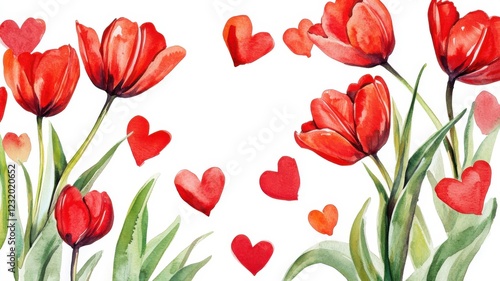 Wallpaper Mural Romantic red tulips intertwined with hearts in a vibrant watercolor design for special occasions Torontodigital.ca