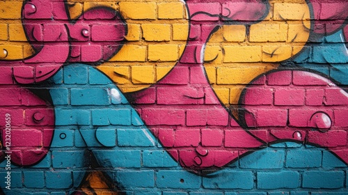 Vibrant Fragment of Bright Graffiti Art Showcasing Colorful Swirls and Patterns on a Brick Wall Surface