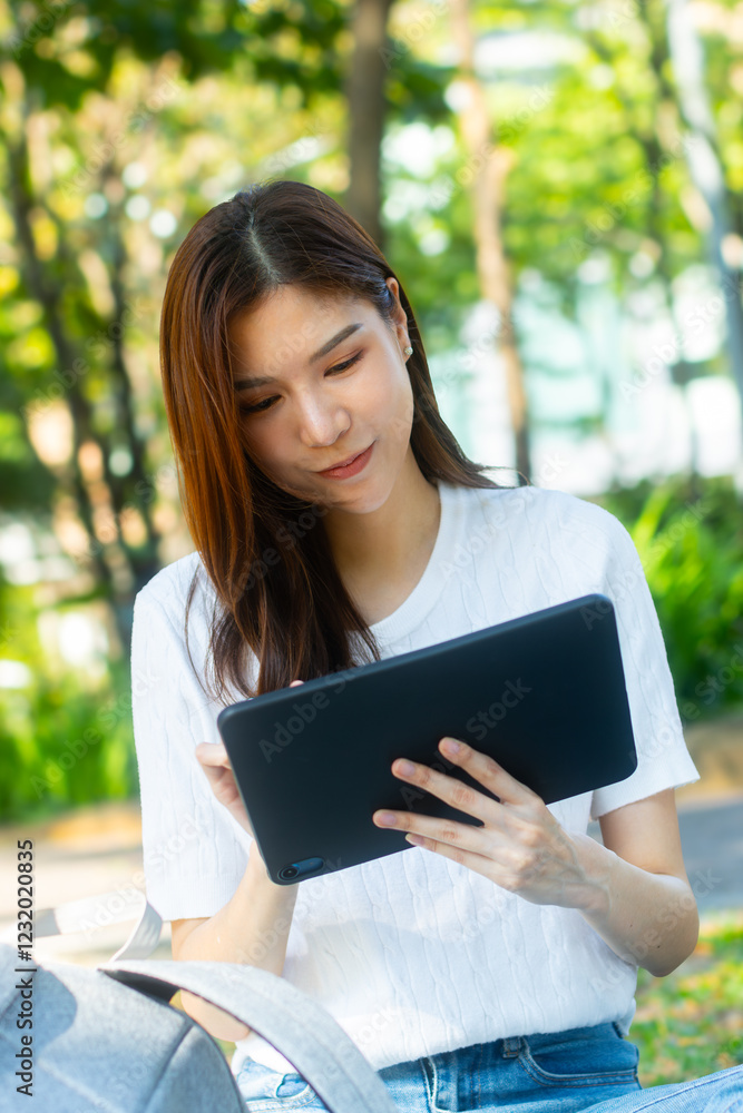 Young Asian female Student in casual clothes sits under the sunlight in a park, using her tablet for research and studying online, e-learning, working on her homework sitting outdoor in a public park. Young Asian female Student in casual clothes sits under the sunlight in a park, using her tablet for research and studying online, e-learning, working on her homework sitting outdoor in a public park.