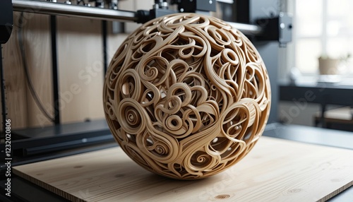 fZoom sur une buse d'imprimante 3D créant une sphère en bois magnifiquement conçue avec des motifs en spirale complexes