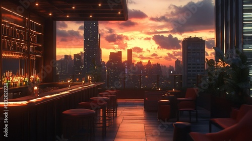 Rooftop bar sunset city view, cocktails, relaxing