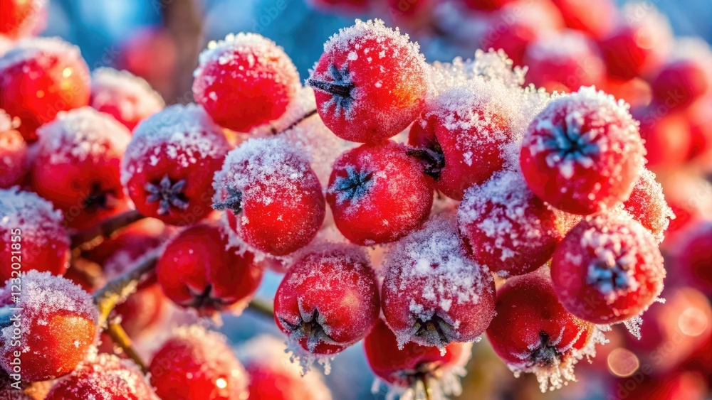 Icy, frost-covered rowan berries: stunning macro photography showcasing winter's vibrant red jewels. Icy, frost-covered rowan berries: stunning macro photography showcasing winter's vibrant red jewels.