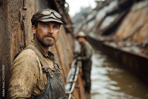 a rugged and grizzled man stares defiantly at the camera, his worn clothes and muddy hands telling the story of a hard life. photo