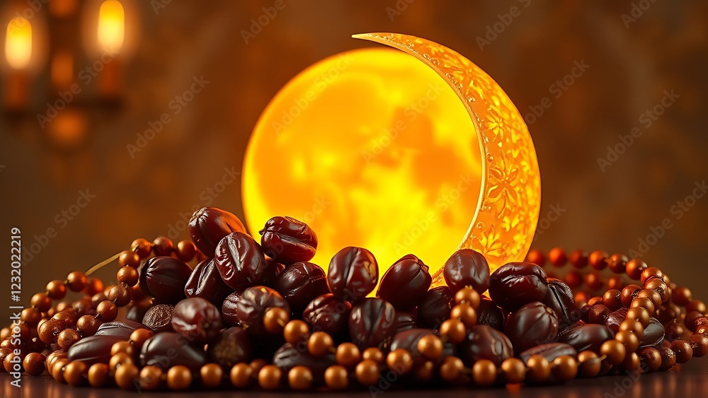 Naklejka premium ramadan kareem background golden moon, dates