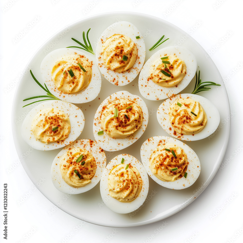 Plate of Deviled Eggs, Charger Plate Style, top view, isolated on white, photorealistic food Plate of Deviled Eggs, Charger Plate Style, top view, isolated on white, photorealistic food