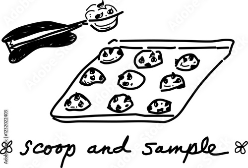 Hand-drawn cookie dough vector doodle. Cookie scoop, cookie dough, and baking sheet. Scoop and sample yummy cookie dough.