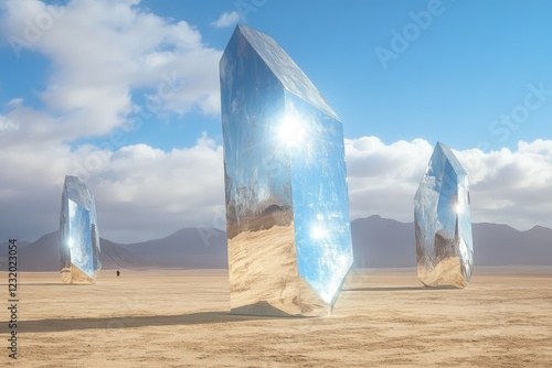 Desert landscape with colossal metallic sculptures rising from the sand.