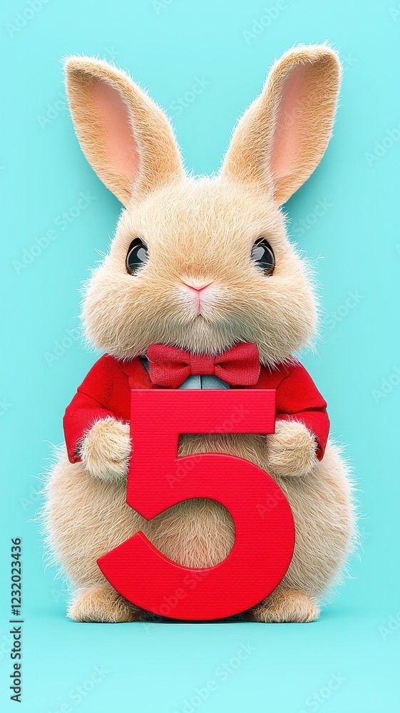 Obraz premium Adorable Fluffy Bunny Rabbit Holding a Large Number Five Cute Easter Concept