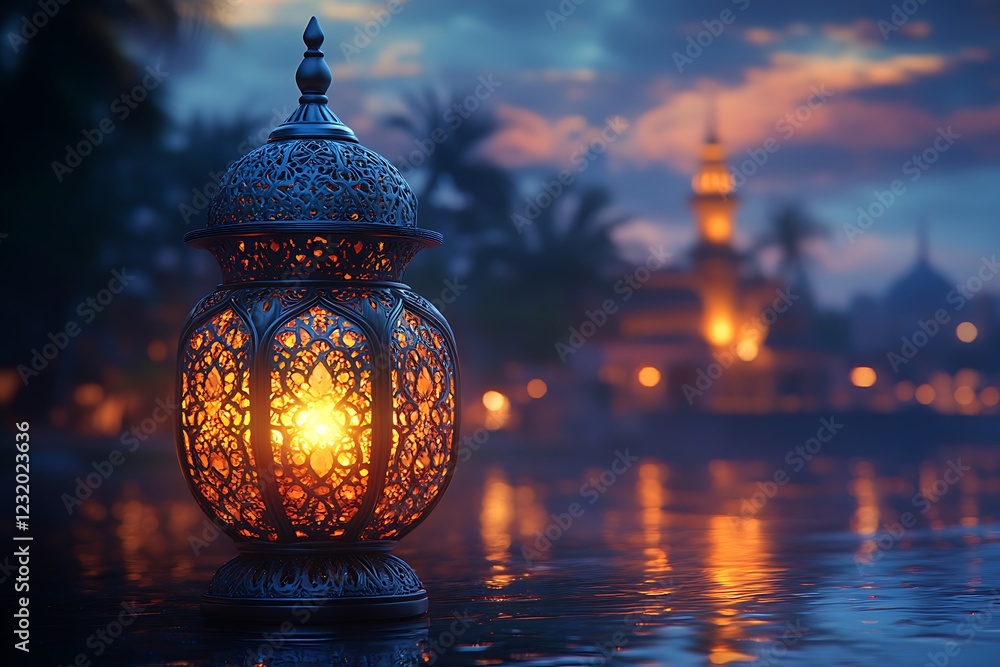 Illuminated Moroccan Lantern Against Dusk Sky with Blurred Mosque Silhouette in Background
Illuminated Moroccan Lantern Against Dusk Sky with Blurred Mosque Silhouette in Background
