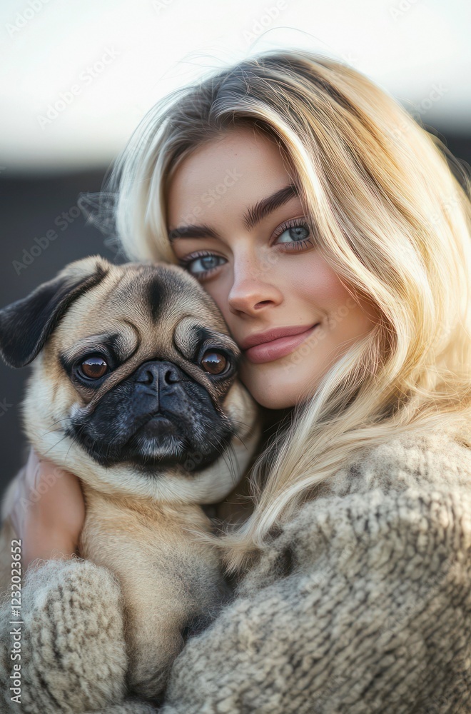 Portrait of beautiful young blonde woman and her pet fawn Pug puppy. Portrait of beautiful young blonde woman and her pet fawn Pug puppy.