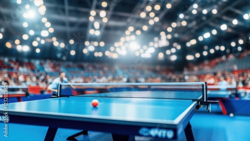 Exciting table tennis match in a vibrant indoor arena during a competitive tournament