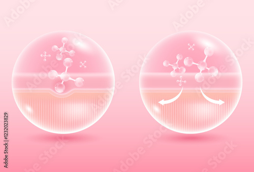 Vector illustration of healthy and damaged skin. Enhancers of epidermis and dermis skin layers. Caring for skin rejuvenation.