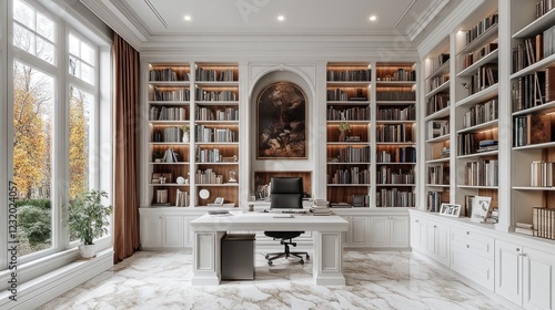Wallpaper Mural Luxurious home office, autumn view, marble floor, bookcases Torontodigital.ca