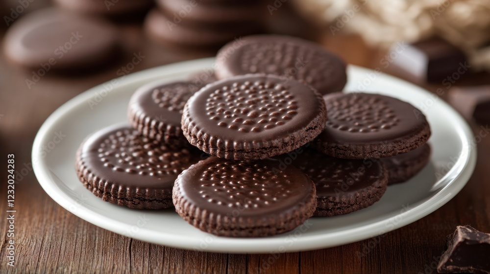 Tasty Chocolate Cookies Isolated on Plate with Decorative Background Tasty Chocolate Cookies Isolated on Plate with Decorative Background