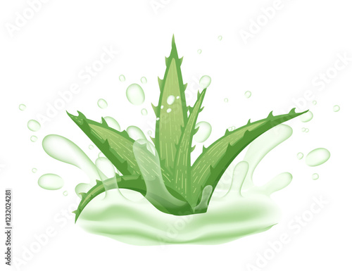 Fresh aloe vera plant with thick, spiky green leaves. Slashes of gel. Juicy, fleshy texture with glossy surface. Vector illustration isolated on white background