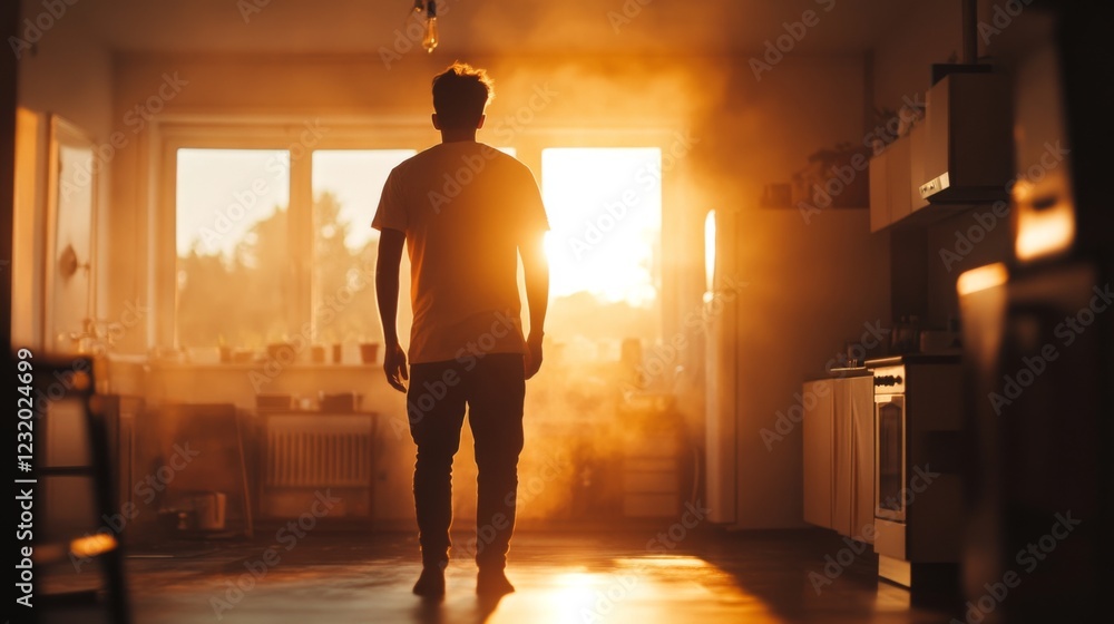 Man silhouetted in sunlit kitchen, back to camera. Man silhouetted in sunlit kitchen, back to camera.