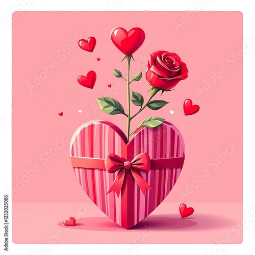 Valentine's day illustration, heart-shaped gift box, blooming red rose, floating heart balloons
