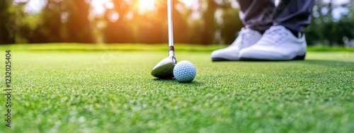 Close up man golfer hand holding golf club hitting golf ball on the green at golf course. Healthy male enjoy outdoor lifestyle activity sport golfing at country club. photo