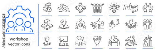 workshop icons, icon set of teamwork with coaching, training, meeting, simple symbols, linear vector illustration, outline editable stroke