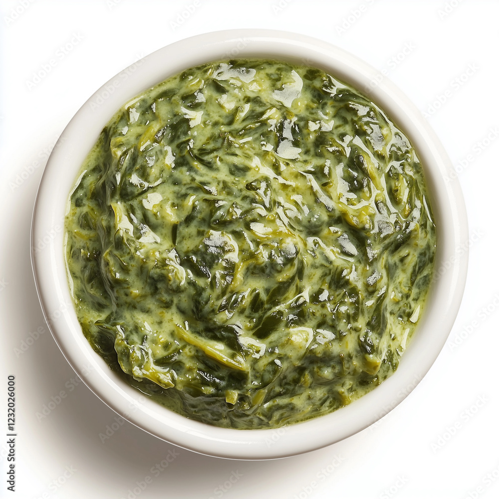 Ramekin of Creamed Spinach, Ramekin Style, top view, isolated on white, photorealistic food Ramekin of Creamed Spinach, Ramekin Style, top view, isolated on white, photorealistic food