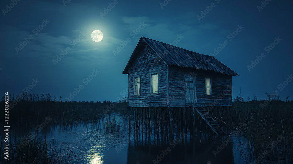 Stilt house in swamp with boat at night. Marsh landscape with old hut in moonlight. Vector cartoon illustration of wooden house with glow windows in wild rain forest with lake, pond or bog Stilt house in swamp with boat at night. Marsh landscape with old hut in moonlight. Vector cartoon illustration of wooden house with glow windows in wild rain forest with lake, pond or bog