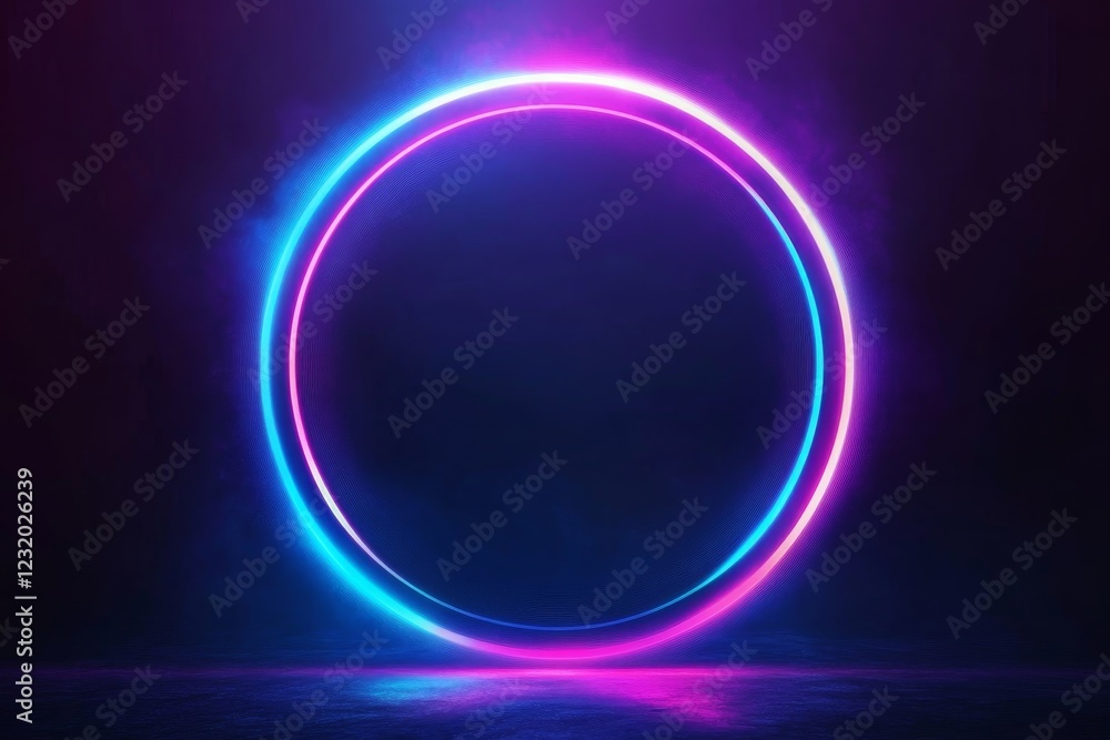 Glowing neon circle frame with vibrant blue and pink lights on dark background. Glowing neon circle frame with vibrant blue and pink lights on dark background.
