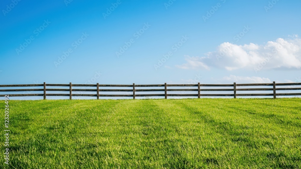 Serene Green Pasture Landscape with Wooden Fence under Blue Sky and Fluffy Clouds Serene Green Pasture Landscape with Wooden Fence under Blue Sky and Fluffy Clouds
