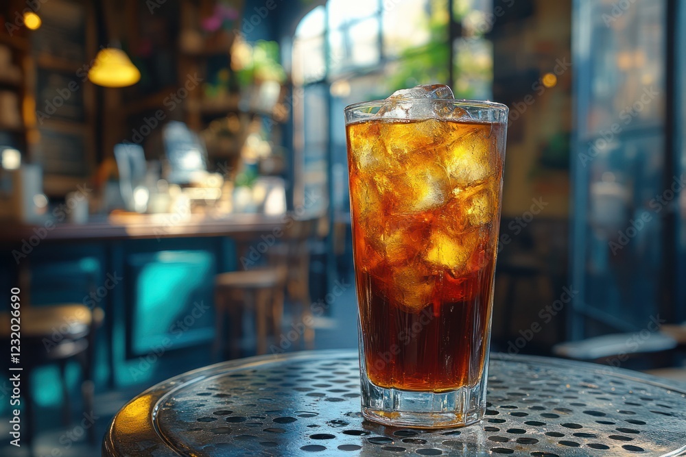 Refreshing iced beverage served in a tall glass on a metal table in a stylish cafe during daytime Refreshing iced beverage served in a tall glass on a metal table in a stylish cafe during daytime