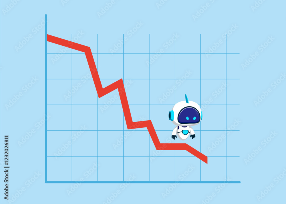 Robot standing on falling down red graph look for bottom. Economic recession, stock market falling down, financial crisis from inflation. Robot standing on falling down red graph look for bottom. Economic recession, stock market falling down, financial crisis from inflation.