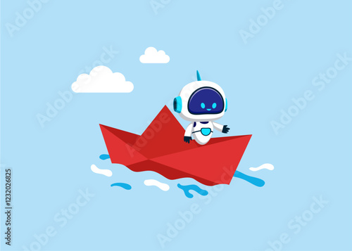 Robot lead  sailing origami ship. Technology in crisis,  to achieve target, vision or forward strategy for success concept. Flat vector illustration