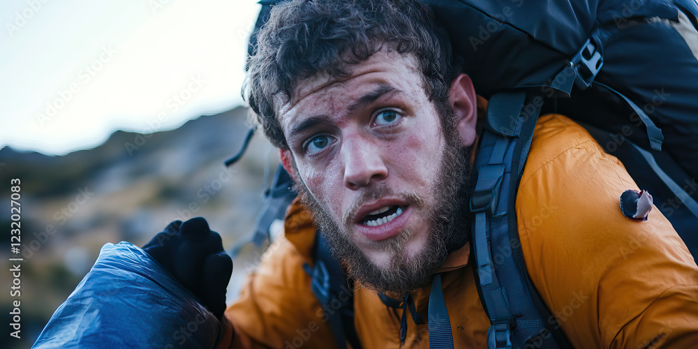 Obraz premium Close-up Portrait of a Bearded Hiker with Backpack in Mountainous Terrain