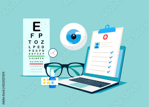 Online Doctor consulate. Ophthalmological treatment. Eye care and sight diagnostic testing. Vector illustration