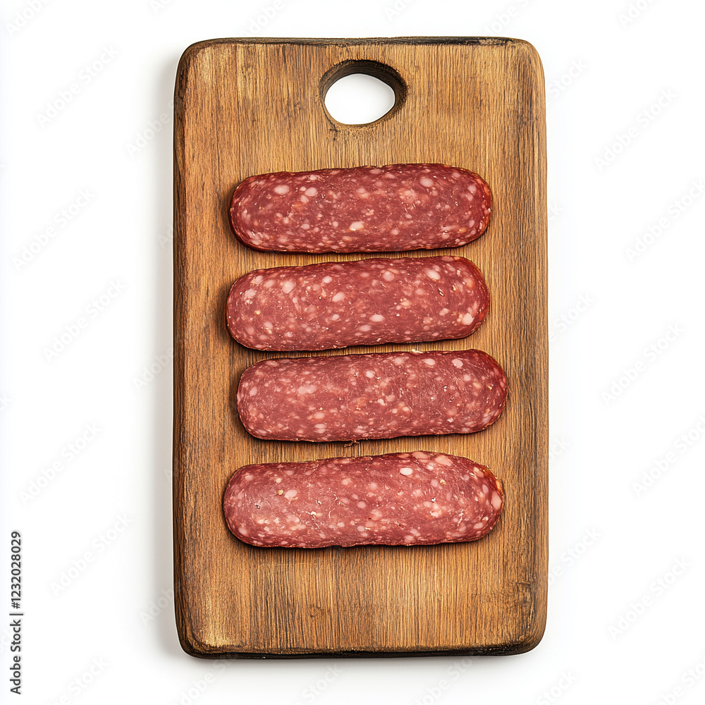 Wooden Board of Salami, Wooden Board, top view, isolated on white, photorealistic food Wooden Board of Salami, Wooden Board, top view, isolated on white, photorealistic food