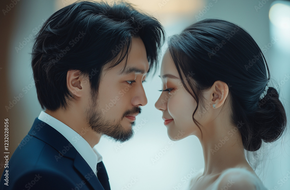 A handsome man in a suit and a beautiful woman with long black hair, wearing a white wedding dress, stand together. A handsome man in a suit and a beautiful woman with long black hair, wearing a white wedding dress, stand together.