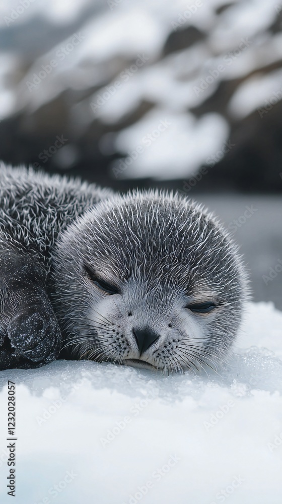 Obraz premium HD Phone Wallpaper Adorable Baby Seal Pup Resting on Ice in Antarctica Wildlife Photography
