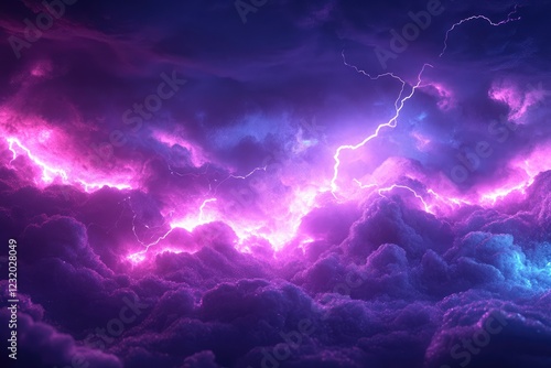 Digital representation of a thunderstorm with neon lightning streaking across a dark, virtual sky.
