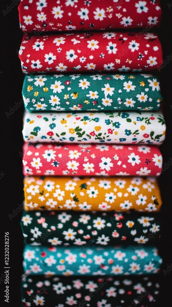 Obraz premium Stack of Colorful Floral Fabric Daisy Print Cotton Textiles Sewing Crafts