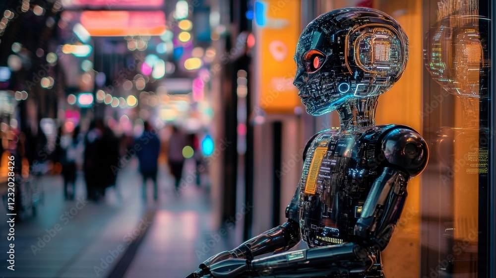 Advanced humanoid robot, lifelike features, futuristic design, artificial intelligence, glowing circuitry Advanced humanoid robot, lifelike features, futuristic design, artificial intelligence, glowing circuitry